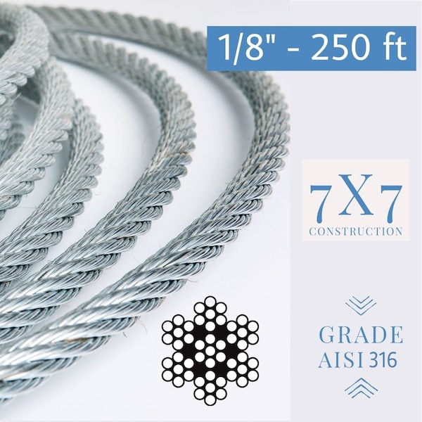 1/8 Stainless Steel Aircraft Wire Rope 316 Grade 7x7-250